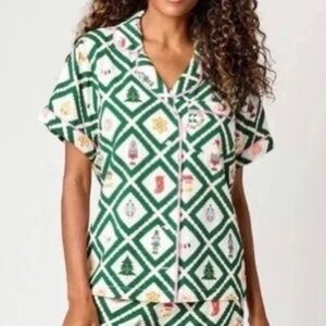 Katie Kime Holiday Story Hunter Green Short Sleeve Pajama Top XS Piping Detail